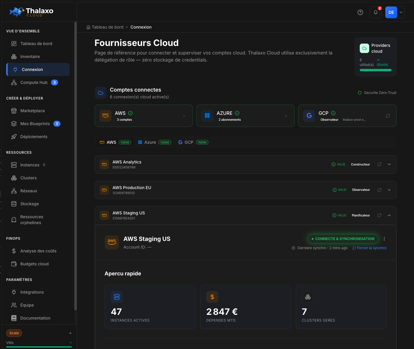 Thalaxo Cloud — Cloud Providers : AWS (3 comptes), Azure (2 subscriptions) et GCP tous validés avec Zero-Trust Security