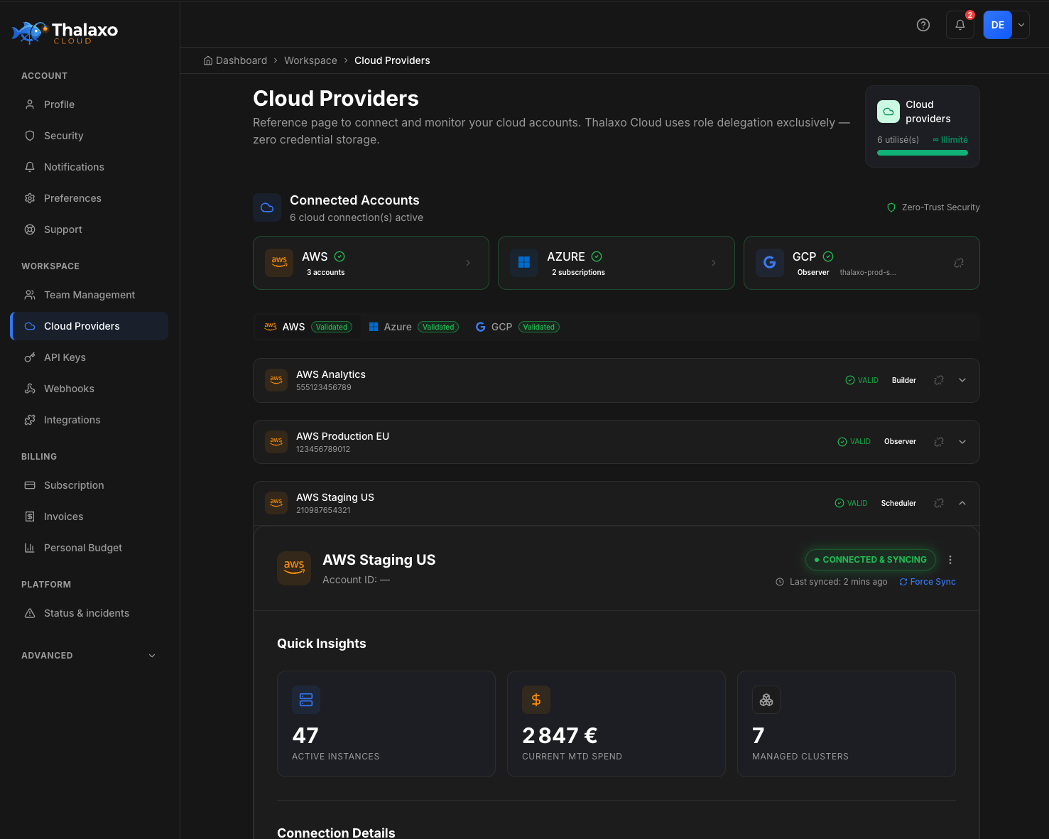 Thalaxo Cloud — Cloud Providers: AWS (3 accounts), Azure (2 subscriptions) and GCP all validated with Zero-Trust Security