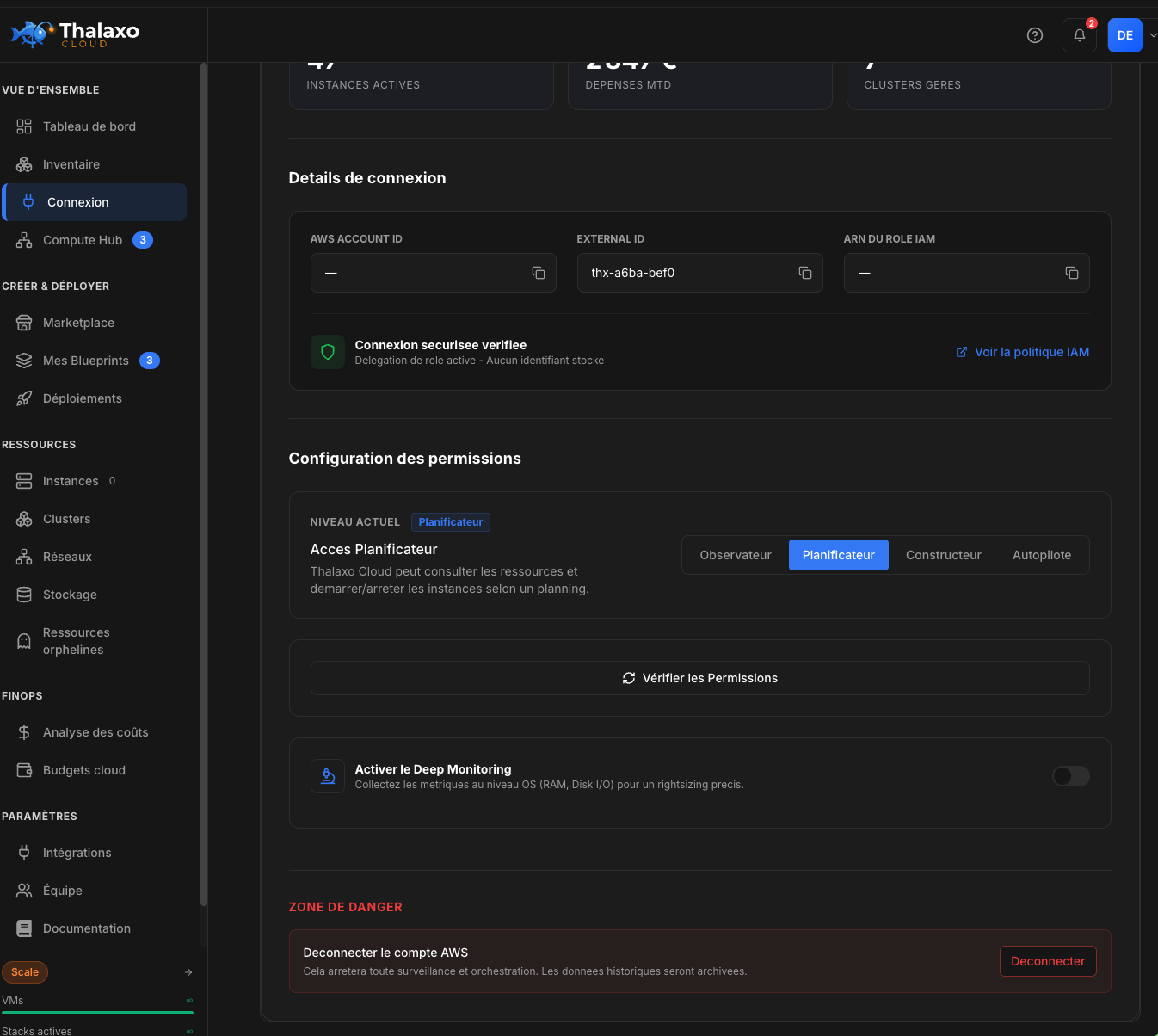 Thalaxo Cloud — Détails connexion : IAM Role ARN, connexion sécurisée vérifiée, aucun credential stocké, niveaux Observer / Scheduler / Builder / Autopilot