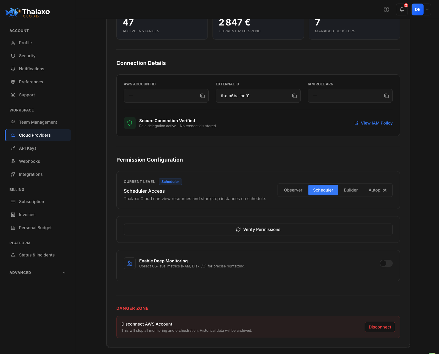 Thalaxo Cloud — Connection details: IAM Role ARN, Secure Connection Verified, no credentials stored, permission levels Observer / Scheduler / Builder / Autopilot