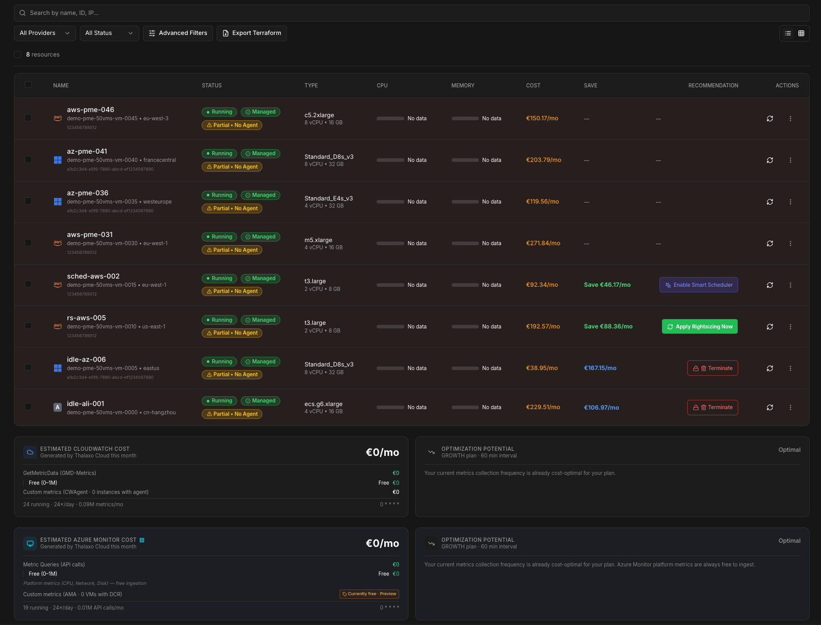 Thalaxo Cloud — Détail inventaire : informations VM, provider, région, type d'instance et décomposition des coûts