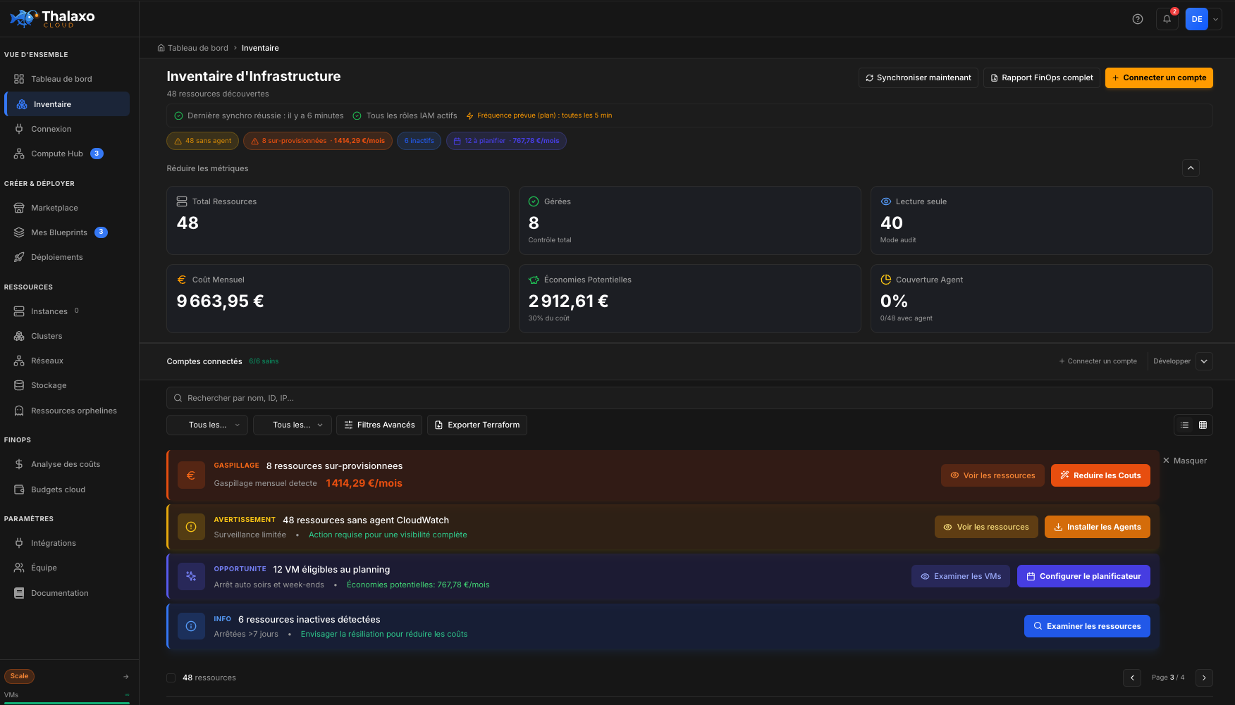 Thalaxo Cloud — Inventaire : liste unifiée des VMs sur AWS, Azure et GCP avec statut, région et coûts estimés