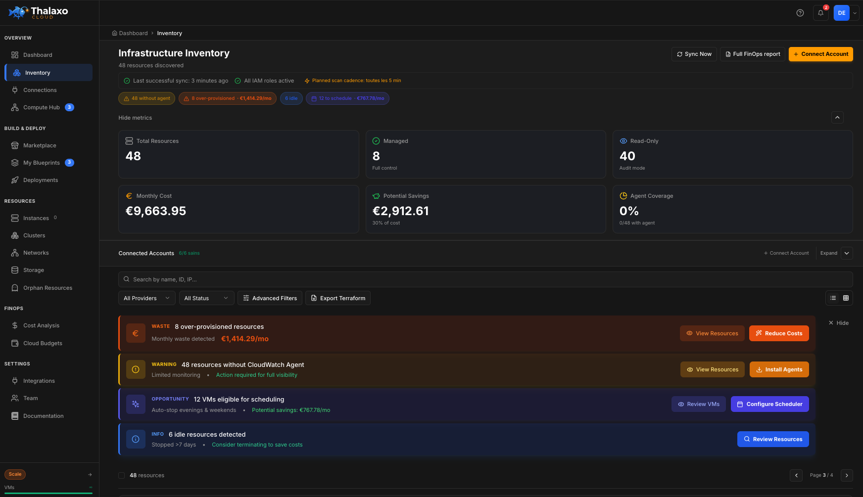 Thalaxo Cloud — Inventory: unified VM list across AWS, Azure and GCP with status, region and estimated costs